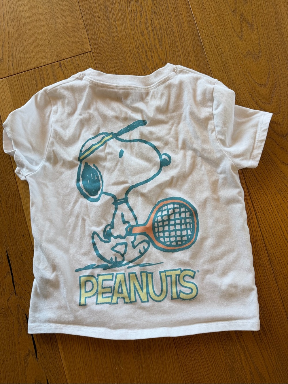 abercrombie kids White Peanuts Snoopy Tennis Tee with Teal and Orange Graphic